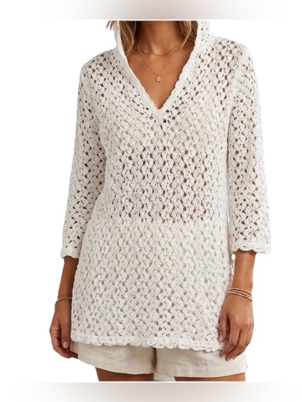 Solitaire Swim White lace swim cover up with hoodie Size L‎